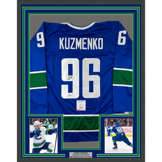 Framed Autographed/Signed Andrei Kuzmenko 35x39 Vancouver Blue Hockey Jersey PSA/DNA COA