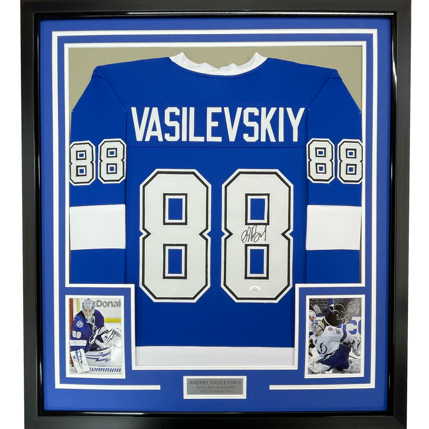 Framed Autographed/Signed Andrei Vasilevskiy 35x39 Tampa Bay Blue Hockey Jersey PSA/DNA COA