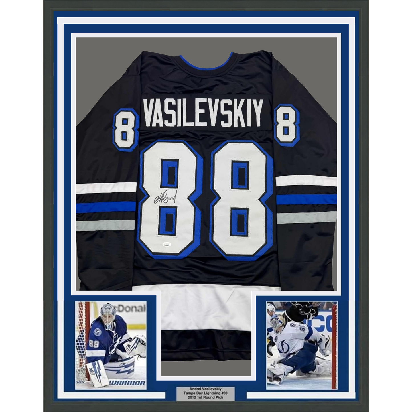 Framed Autographed/Signed Andrei Vasilevskiy 35x39 Tampa Bay Black Hockey Jersey JSA COA