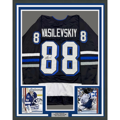 Framed Autographed/Signed Andrei Vasilevskiy 35x39 Tampa Bay Black Hockey Jersey JSA COA