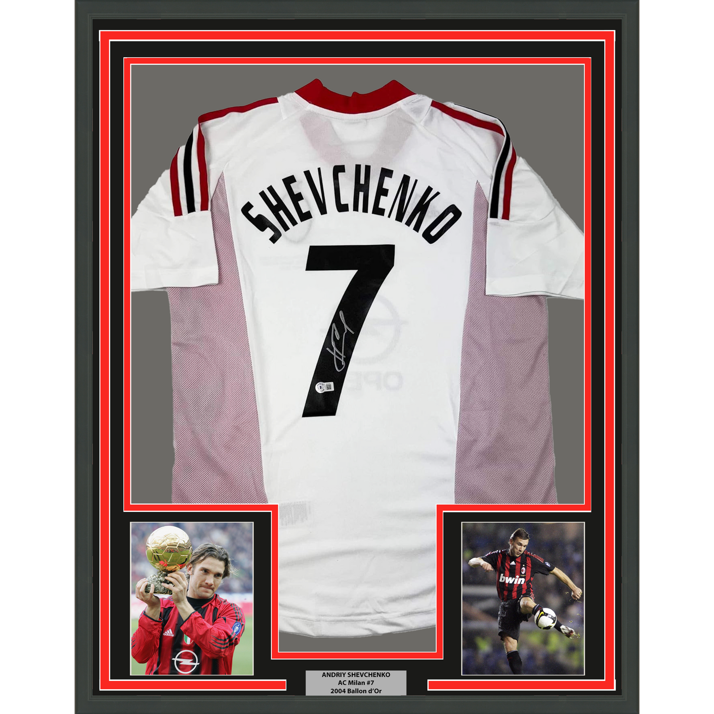 Framed Autographed/Signed Andriy Shevchenko 35x39 AC Milan White Soccer Futbol Jersey Beckett BAS COA
