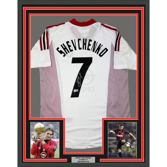 Framed Autographed/Signed Andriy Shevchenko 35x39 AC Milan White Soccer Futbol Jersey Beckett BAS COA
