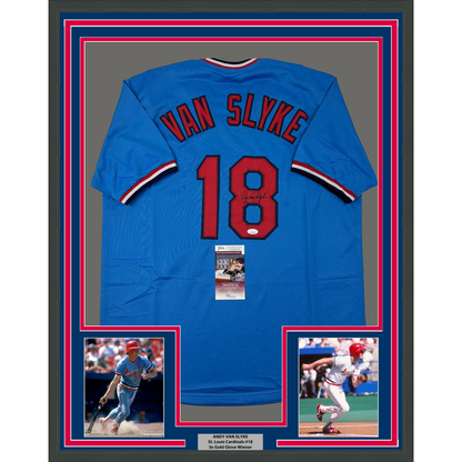 Framed Autographed/Signed Andy Van Slyke 35x39 St. Louis Blue Baseball Jersey JSA COA