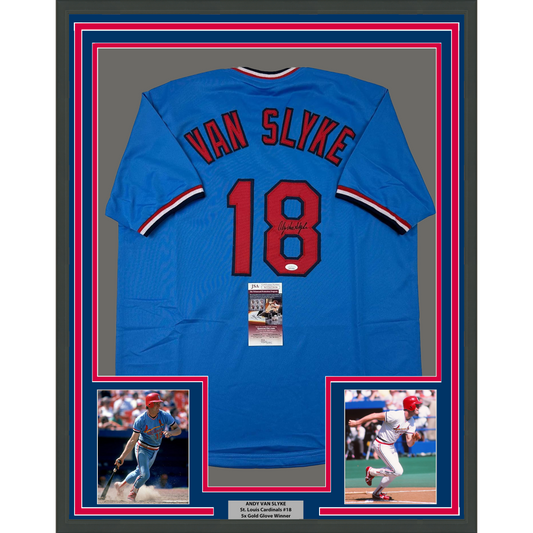 Framed Autographed/Signed Andy Van Slyke 35x39 St. Louis Blue Baseball Jersey JSA COA