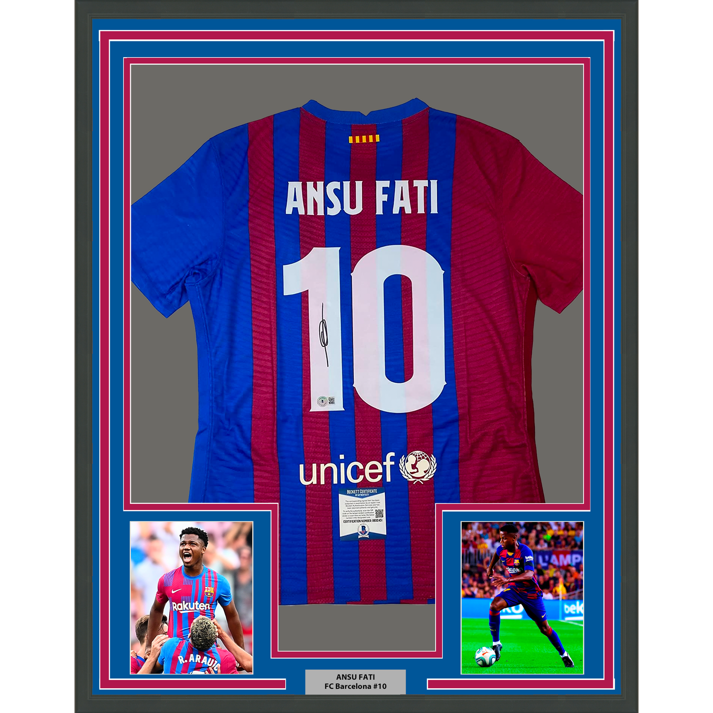 Framed Autographed/Signed Ansu Fati 35x39 FC Barcelona Blue Soccer Jersey Beckett BAS COA