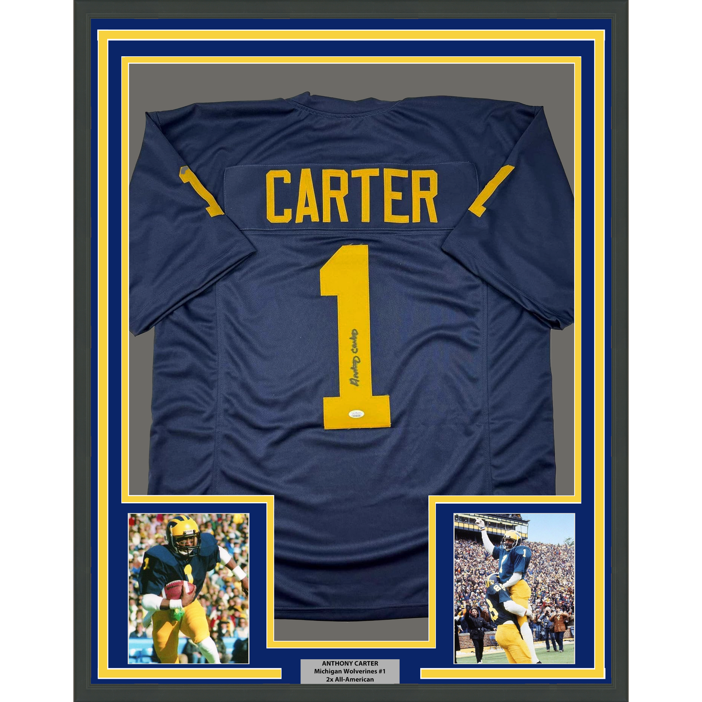 Framed Autographed/Signed Anthony Carter 35x39 Michigan Blue College Football Jersey JSA COA
