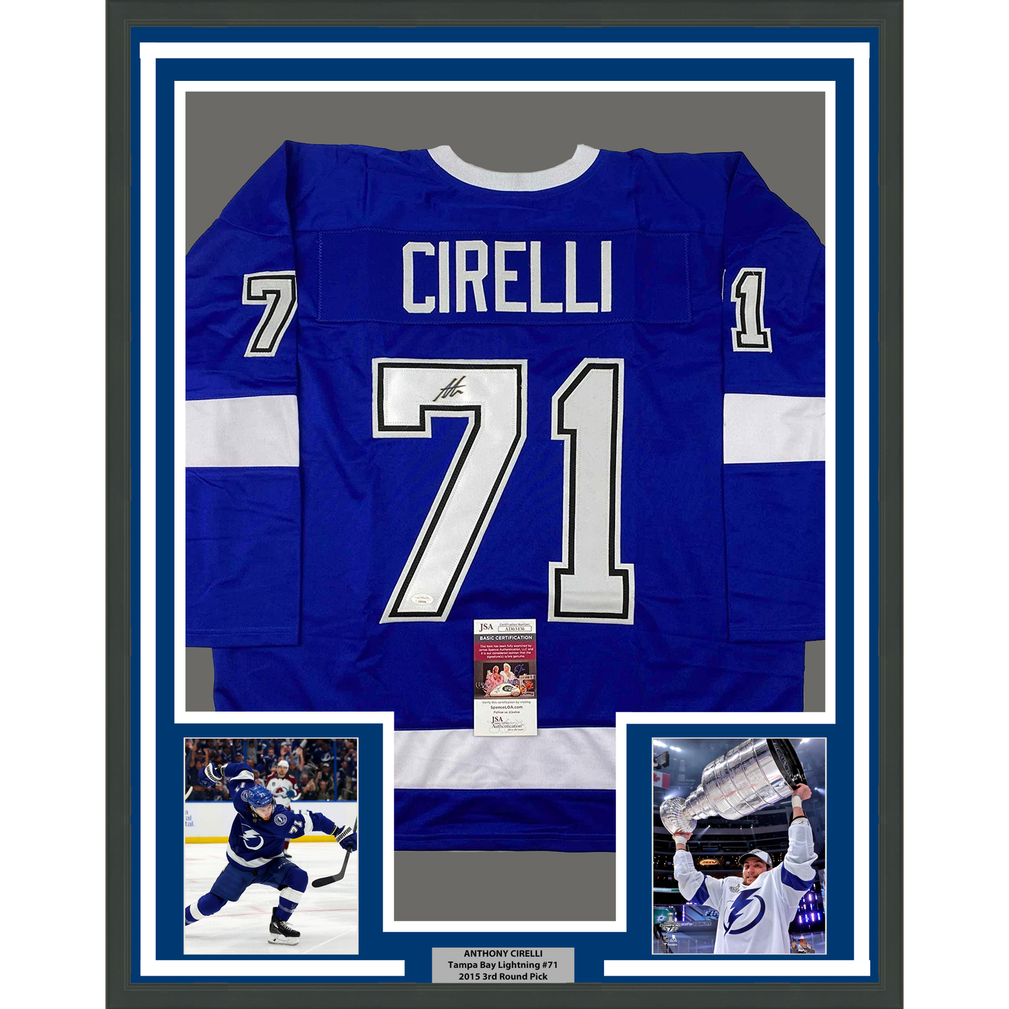 Framed Autographed/Signed Anthony Cirelli 35x39 Tampa Bay Blue Hockey Jersey JSA COA