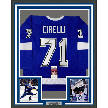 Framed Autographed/Signed Anthony Cirelli 35x39 Tampa Bay Blue Hockey Jersey JSA COA