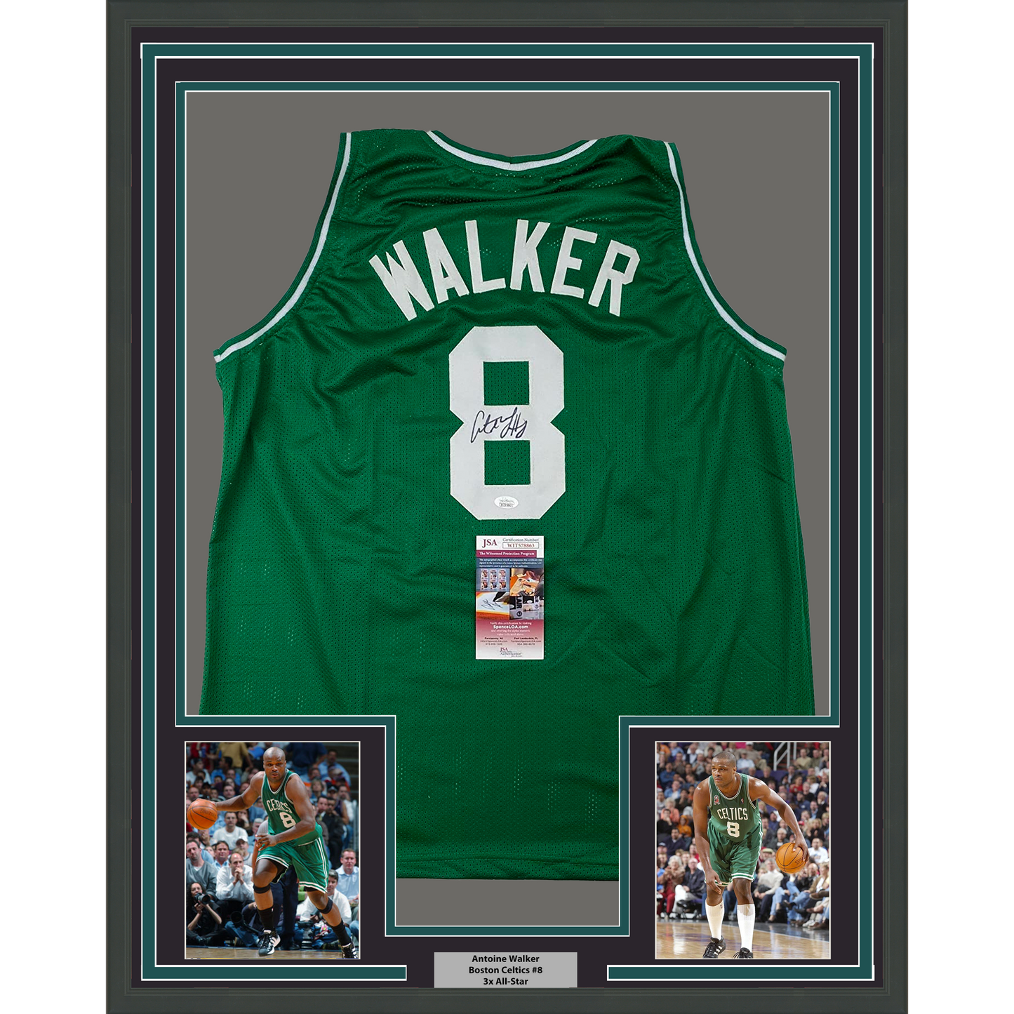 Framed Autographed/Signed Antoine Walker 35x39 Boston Green Basketball Jersey JSA COA