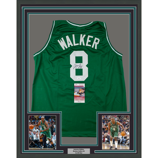 Framed Autographed/Signed Antoine Walker 35x39 Boston Green Basketball Jersey JSA COA
