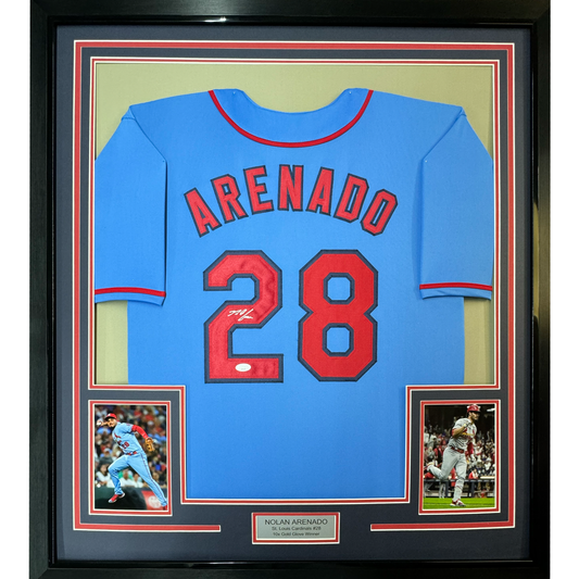 Framed Autographed/Signed Nolan Arenado 35x39 St. Louis Blue Baseball Jersey JSA COA