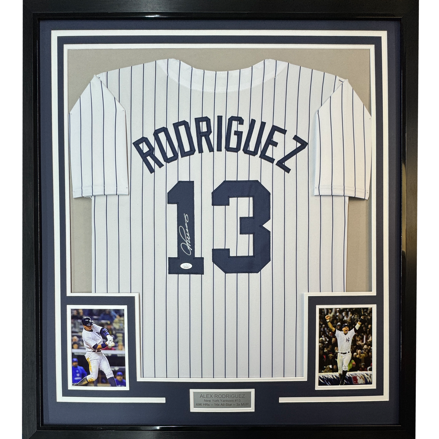 Framed Autographed/Signed Alex Rodriguez 35x39 New York Pinstripe Baseball Jersey JSA COA
