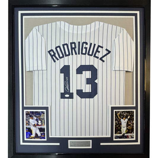 Framed Autographed/Signed Alex Rodriguez 35x39 New York Pinstripe Baseball Jersey JSA COA