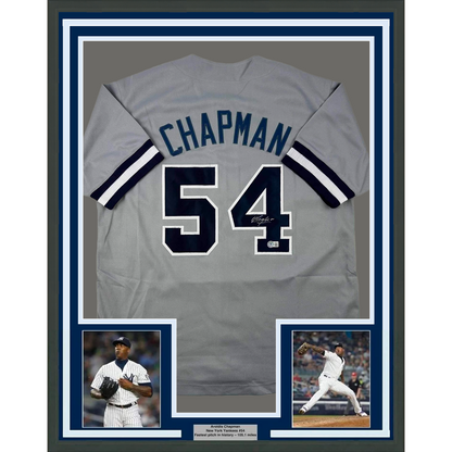 Framed Autographed/Signed Aroldis Chapman 35x39 New York Grey Baseball Jersey Beckett BAS COA