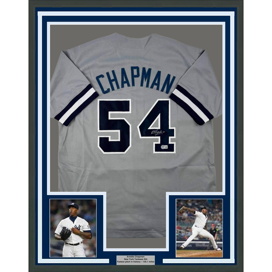 Framed Autographed/Signed Aroldis Chapman 35x39 New York Grey Baseball Jersey Beckett BAS COA
