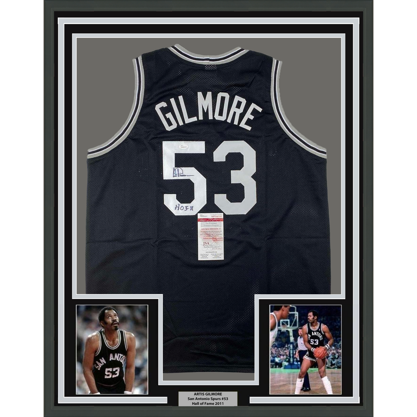 Framed Autographed/Signed Artis Gilmore HOF 11 35x39 San Antonio Black Basketball Jersey JSA COA