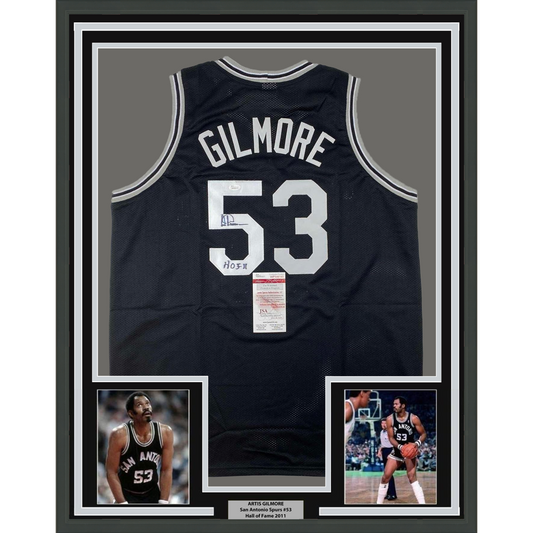 Framed Autographed/Signed Artis Gilmore HOF 11 35x39 San Antonio Black Basketball Jersey JSA COA