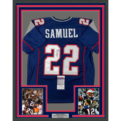 Framed Autographed/Signed Asante Samuel Sr. 35x39 New England Blue Football Jersey JSA COA