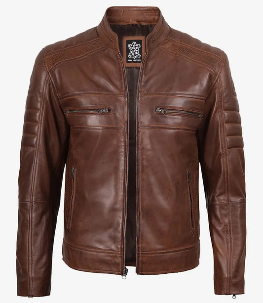 Austin Men Cafe Racer Cognac Brown Leather Jacket