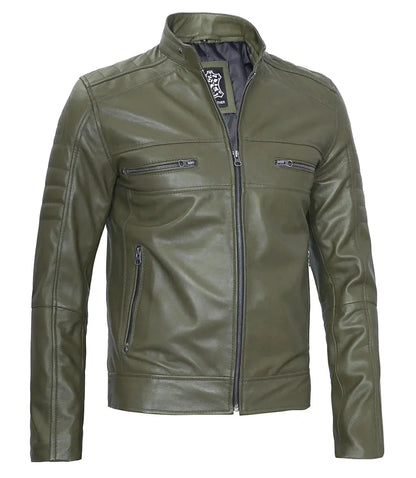 Austin Men Cafe Racer Dark Green Real Leather Jacket