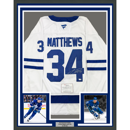 Framed Autographed/Signed Auston Matthews 35x39 Toronto Maple Leafs White Hockey Jersey Fanatics COA