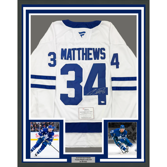 Framed Autographed/Signed Auston Matthews 35x39 Toronto Maple Leafs White Hockey Jersey Fanatics COA