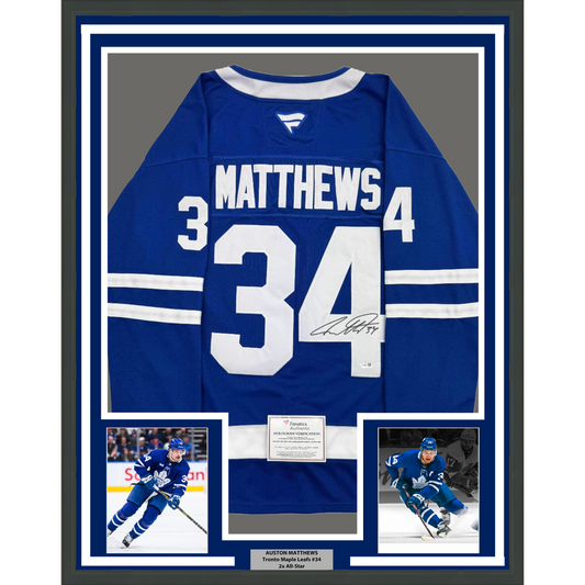 Framed Autographed/Signed Auston Matthews 35x39 Toronto Maple Leafs Authentic Blue Hockey Jersey Fanatics COA