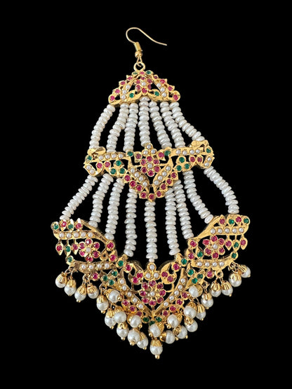 DJHR150 ASMITA jadau jhoomar in ruby emerald with fresh water pearls ( SHIPS IN 3 WEEKS  )