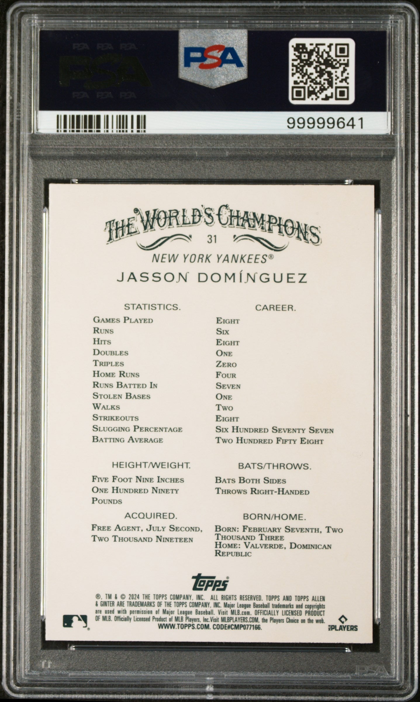Graded 2024 Topps Allen & Ginter Jasson Dominguez #31 Chrome Rookie RC Baseball Card PSA 10 Gem Mint