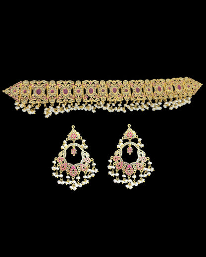 C542 Nishat fresh water pearl choker with earrings -RUBY  ( READY TO SHIP )