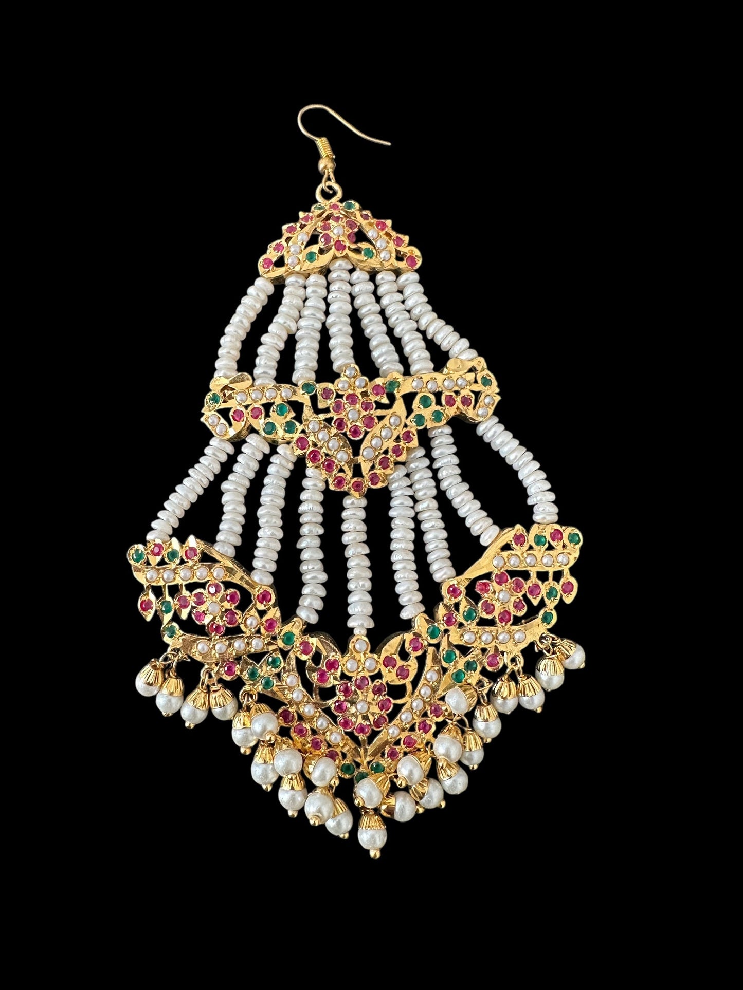 DJHR150 ASMITA jadau jhoomar in ruby emerald with fresh water pearls ( SHIPS IN 3 WEEKS  )