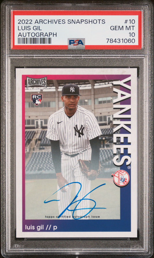 Graded 2022 Topps Archives Snapshots Luis Gil #10 Autograph Rookie RC Baseball Card PSA 10 Gem Mint