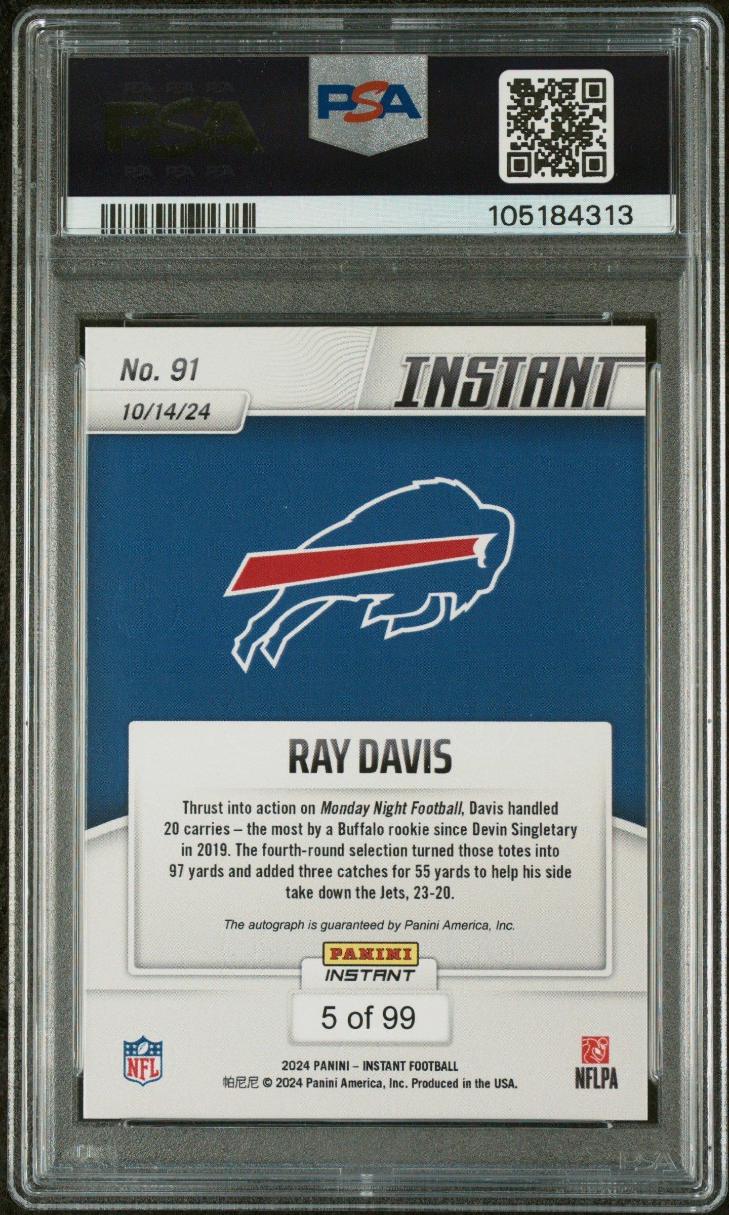 Graded 2024 Panini Instant NFL Ray Davis #91 Autograph /99 Rookie RC Football Card PSA 10 Auto Grade Gem Mint