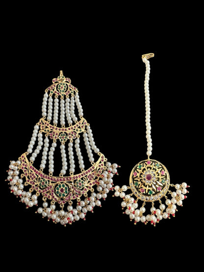 JTK12 AYRA jhoomar and tika in ruby emerald with pearls  ( READY TO SHIP  )
