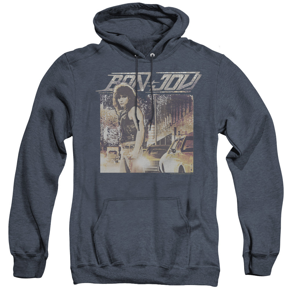 Bon Jovi Runaway Jon Mens Heather Hoodie Navy Officially Licensed