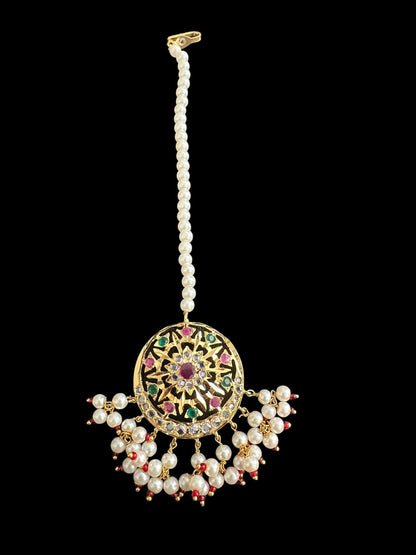 JTK12 AYRA jhoomar and tika in ruby emerald with pearls  ( READY TO SHIP  )