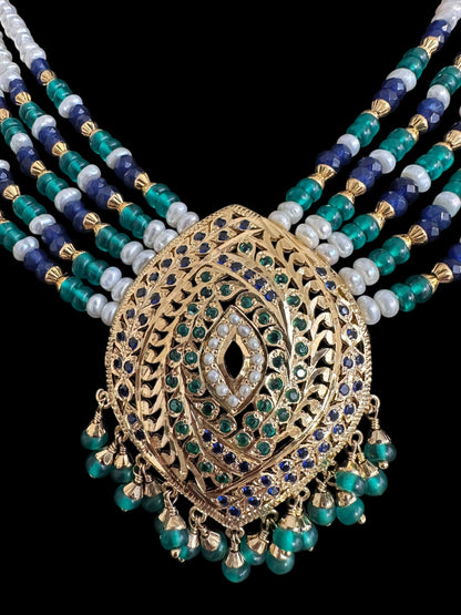 Emerlad sapphire pearl jadau silver necklace set with gold plating ( READY TO SHIP )