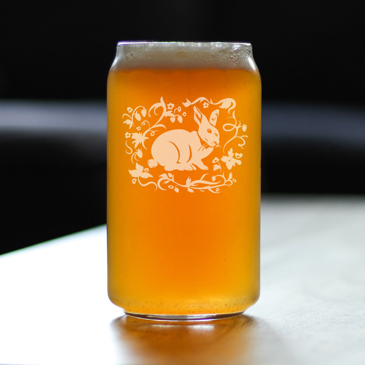 Berry Patch Bunny Rabbit - Beer Can Pint Glass - Hand Engraved Gifts for Men & Women That Love Bunnies