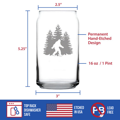 Bigfoot Engraved Beer Can Pint Glass, Unique Sasquatch Themed Gifts, Funny Gift Idea for Outdoorsmen