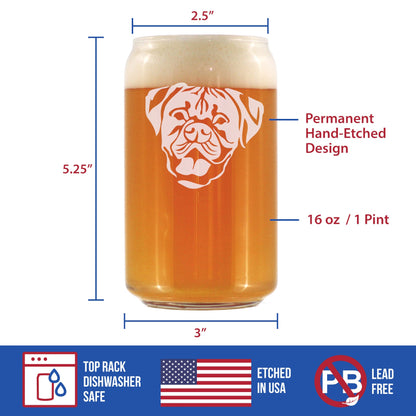 Boxer with Natural Ears - Beer Can Pint Glass - Fun Unique Boxer Themed Dog Gifts and Party Decor for Women and Men - 16 oz