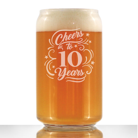 Cheers to 10 Years - Beer Can Pint Glass Gifts for Women & Men - 10th Anniversary Party Decor - 16 Oz Glass