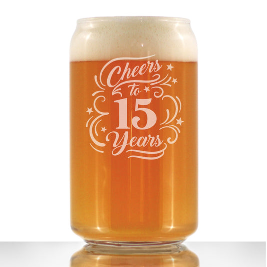 Cheers to 15 Years - Beer Can Pint Glass Gifts for Women & Men - 15th Anniversary Party Decor - 16 Oz Glasses