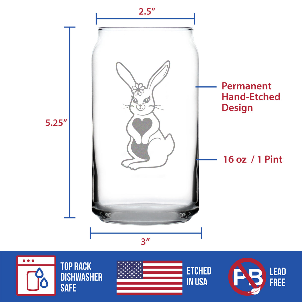 Cute Bunny Rabbit - Beer Can Pint Glass - Hand Engraved Gifts for Men & Women That Love Bunnies