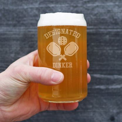 Designated Dinker - Beer Can Pint Glass - Funny Pickleball Themed Decor and Gifts - 16 oz Glasses