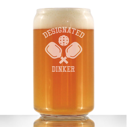 Designated Dinker - Beer Can Pint Glass - Funny Pickleball Themed Decor and Gifts - 16 oz Glasses