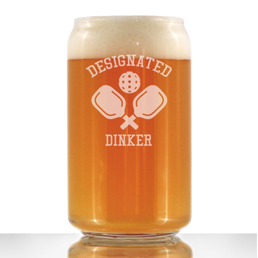 Designated Dinker - Beer Can Pint Glass - Funny Pickleball Themed Decor and Gifts - 16 oz Glasses