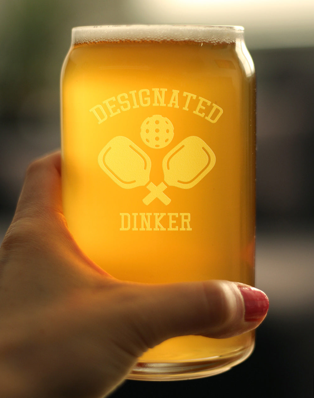 Designated Dinker - Beer Can Pint Glass - Funny Pickleball Themed Decor and Gifts - 16 oz Glasses