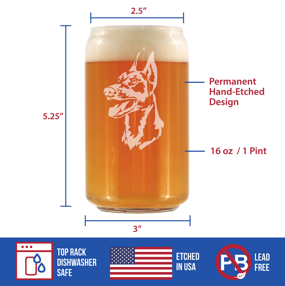 Doberman Face Beer Can Pint Glass - Unique Dog Themed Decor and Gifts for Moms & Dads of Pinscher Dobermans - 16 Oz