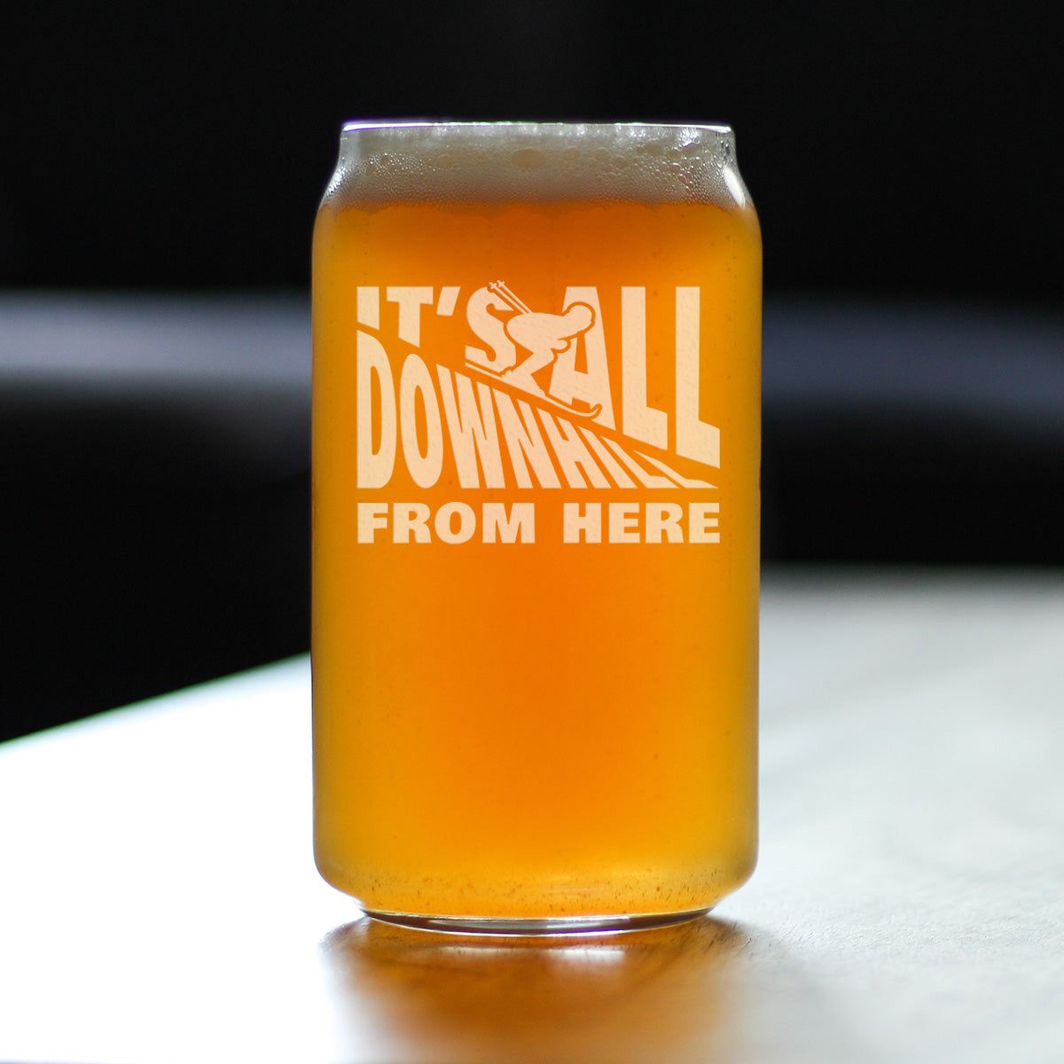 It's All Downhill From Here - Beer Can Pint Glass - Unique Skiing Themed Decor and Gifts for Mountain Lovers - 16 oz Glasses