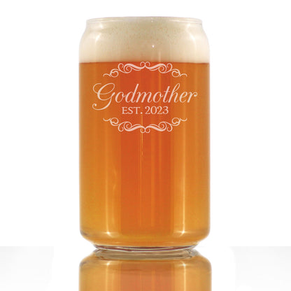 Godmother Est. 2023 - Decorative 16 oz Beer Can Pint Glass - Etched Sayings, Cute and Fun Reveal Gift for Godparents